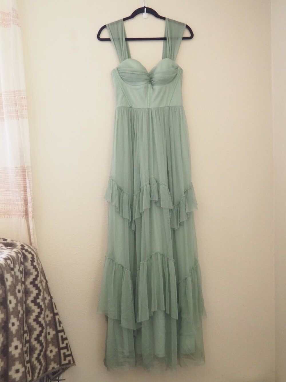 Lulus Sage Green Stunning Personality Mesh Off The Shoulder Maxi Dress sz S - Picture 5 of 11